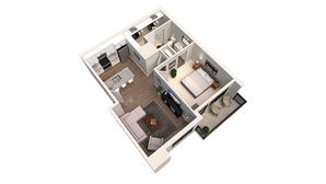 Modern 3D apartment layout showcasing a cozy bedroom, open kitchen with island, and inviting living room.