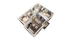 Modern 3D apartment layout showcasing two cozy bedrooms, a stylish open-plan living and dining area, and a sleek kitchen space.