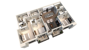 Contemporary 3-bedroom apartment floor plan featuring an open-concept kitchen, stylish living room, and dual modern bathrooms with private balconies.