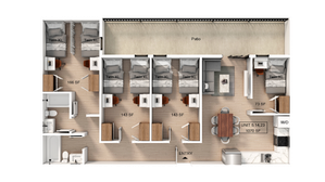 Floorplan for a four bedroom, two bathroom apartment.