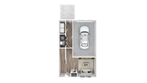 Modern floor plan showing a garage, entrance, and cozy living area.