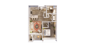 Elegant apartment floor plan showcasing a cozy bedroom, spacious living room with a vibrant rug, modern open kitchen, and a sleek bathroom layout.