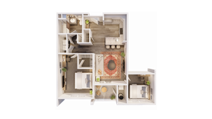 Modern 3D floor plan featuring two cozy bedrooms, elegant open-concept living room with a vibrant carpet, stylish kitchen with island seating, and a private balcony.