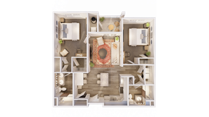 Contemporary 2-bedroom apartment floor plan with an inviting living area, stylish kitchen, and cozy balcony space.