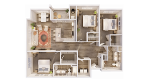 Bright 3D floor plan showcasing 3 bedrooms, elegant open-plan living and dining area, and a modern kitchen with a breakfast bar.