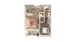 Contemporary 1-bedroom floor plan showcasing an open-concept living space, modern kitchen with island, and a spacious balcony.