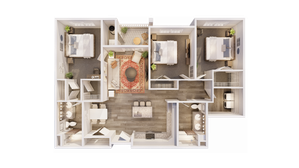 Stylish 3D floor plan showcasing two cozy bedrooms, elegant living room with plush seating, open kitchen with modern appliances, and spacious bathroom featuring dual sinks.