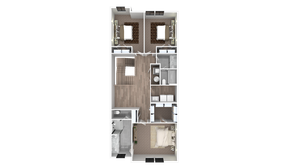 Modern 3D floor plan showcasing 3 bedrooms, a spacious living area, elegant kitchen, and convenient bathrooms, offering ample space and comfort.