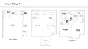 Chic three-level Floor Plan A featuring a spacious garage, inviting great room with balcony, and elegant bedrooms with walk-in closets.