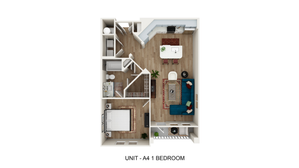 Chic and modern 1-bedroom floor plan, showcasing an open-concept living area, sleek kitchen with an island, and a cozy living room perfect for relaxation.