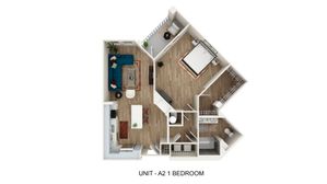 Modern 3D floor plan of Unit A2 showcasing one bedroom, a stylish open-concept living area, and a sleek kitchen layout.