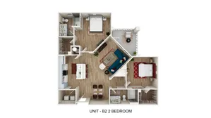Unit B2 inviting floor plan with 2 bedrooms, modern open-concept living area, stylish kitchen, and cozy balcony.
