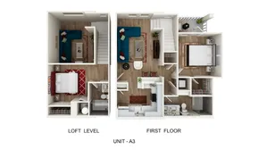 Inviting 3D floor plan of Unit A3 showcasing a modern loft level with a cozy living room and bedroom, and a first floor featuring an elegant kitchen, spacious living area, bedroom, and balcony.