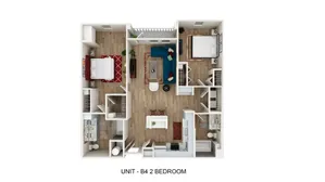 Contemporary 3D floor plan for Unit B4 showcasing 2 bedrooms, open-concept living and dining area, sleek kitchen, and two modern bathrooms.