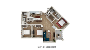 Sleek 3D floor plan of Unit C1 showcasing 3 bedrooms, modern kitchen with island, airy living space, and stylish bathrooms.