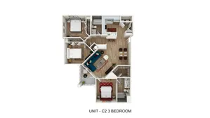Contemporary 3D floor plan showcasing a stylish 3-bedroom layout with open living and dining areas, modern kitchen, and two bathrooms.