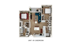 Modern 2-bedroom floor plan for Unit B1 featuring an open-concept living area, stylish kitchen, and elegant bathrooms.