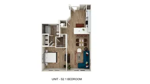 Elegant floor plan of Unit S2 showcasing a spacious one-bedroom layout with open-concept living area, modern kitchen, and cozy dining space.