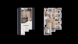 Contemporary dual-level floor plan showcasing a loft space and three bedrooms downstairs with modern design elements.