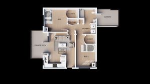 Modern floor plan showcasing 2 bedrooms, a cozy living area, kitchen, laundry room, and access to a private deck and garden.