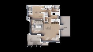 Modern floor plan with one bedroom, open living area with fireplace, bar top kitchen, and spacious deck at 2436 Fulton.