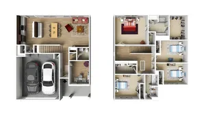 Contemporary 2D floor plan showcasing spacious 3-bedroom layout with elegant living and dining areas, garage for two cars, and ample storage space.