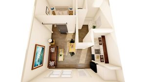 3D floorplan image of furnished studio apartment home at Moon City Lofts