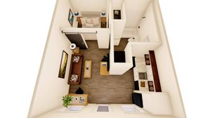 3D floorplan image of studio apartment at Moon City Lofts