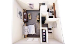 3D floorplan rendering of studio apartment at Moon City Lofts