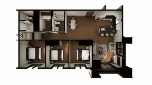 Contemporary floor plan with three bedrooms, an open kitchen, and a cozy living room.