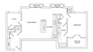 1059 square foot one bedroom den one bath apartment floorplan image