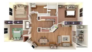 3D floor plan of a modern apartment featuring three bedrooms, a large kitchen, and a spacious living area.