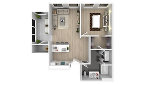Modern 2D floor plan showcasing a cozy 1-bedroom apartment with an open-concept living room, stylish kitchen, and elegant bathroom.