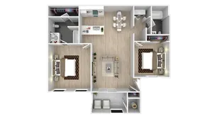 Chic open floor plan with two spacious bedrooms, modern kitchen, and cozy living area featuring elegant wood flooring.