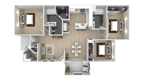 Elegant 3D floor plan showcasing 3 bedrooms, modern open-plan kitchen, stylish living room with natural light, and two bathrooms, ideal for spacious living.