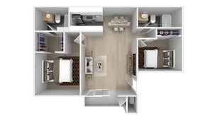 Contemporary 3D floor plan showcasing two cozy bedrooms, an open living space with a chic kitchen, and elegant bathrooms.