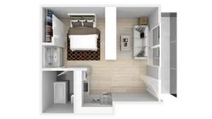 Modern and cozy studio apartment floor plan with an open-concept living area and a sleek kitchen.