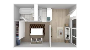 Modern floor plan highlighting a cozy bedroom, spacious bathroom, and an inviting living area with natural light.