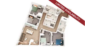 Elegant 3D floor plan featuring three spacious bedrooms, two modern bathrooms, a stylish open-concept living and dining area, and a convenient laundry space with washer and dryer, marked by limited availability.