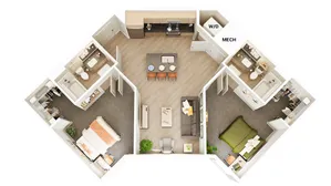 Charming 3D apartment floor plan featuring two bedrooms, two bathrooms, an open kitchen with a central island, and a cozy living space, complete with in-unit laundry.