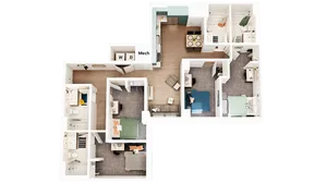 Rendering of a four bedroom floor plan at our student apartments near the University of Maryland, featuring 3D furniture.