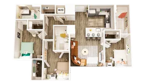Chic floor plan showcasing three bedrooms, a modern kitchen with island seating, spacious open living area, and convenient in-unit laundry.