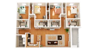 Inviting 3D floor plan showcasing 4 bedrooms, a cozy living area, and a modern kitchen with washer-dryer space, perfect for spacious living.