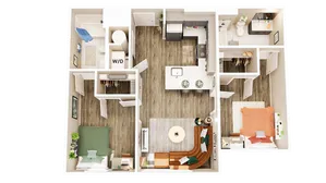 Elegant floor plan highlighting 2 bedrooms, a sleek kitchen with breakfast bar, and an inviting open-concept living area.