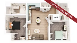 Beautifully designed 2-bedroom apartment floor plan featuring a modern kitchen, stylish living area, compact bathrooms, and in-unit laundry. Limited availability.