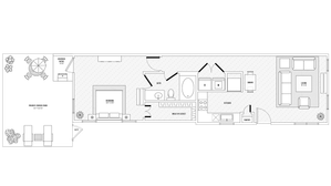 Elegant floor plan featuring a spacious bedroom, open living area, modern kitchen, and private fenced yard with patio.