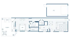 Elegant floor plan showcasing a spacious bedroom, open-concept living and dining area, modern kitchen, private fenced yard, and garage.