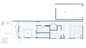 Elegant floor plan showcasing 1 bedroom, spacious living room, modern kitchen, dining area, private fenced yard, and garage.
