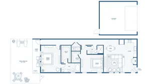 Elegant floor plan showcasing a spacious layout with 3 bedrooms, expansive living area, modern kitchen, dual bathrooms, walk-in closets, a private fenced yard, and a 2-car garage.