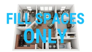 Modern 3D floor plan showcasing a cozy two-bedroom apartment with a spacious living area, stylish kitchen, and elegant bathroom layout.